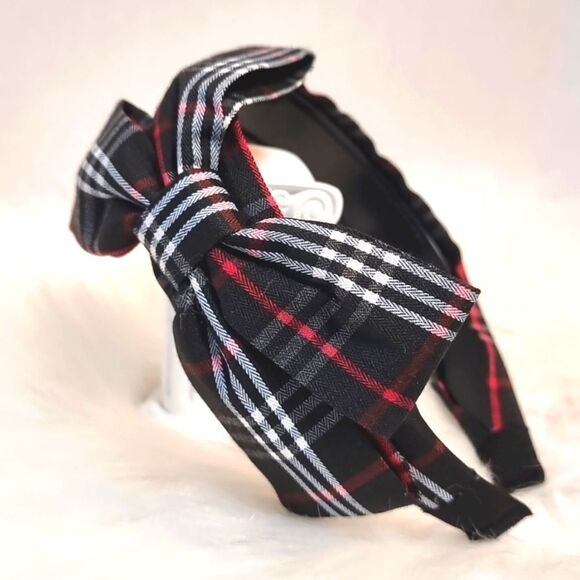 PLAID SIDE BOW HEADBAND Black white red fabric - Picture 1 of 6